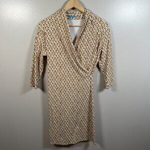J. Mclaughlin Panama Faux Wrap Dress Size Medium Tan Blue Catalina Cloth Work